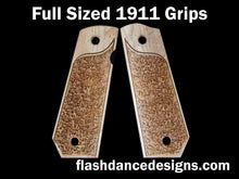 Load image into Gallery viewer, Maple bobbed full sized 1911 grips laser engraved with a partial stipple design