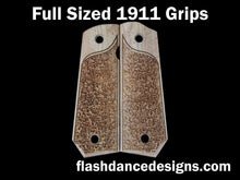 Load image into Gallery viewer, Maple bobbed full sized 1911 grips laser engraved with a partial stipple design