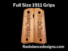 Load image into Gallery viewer, Full sized 1911 grips made from Caribbean walnut and laser engraved with We the People