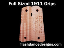 Load image into Gallery viewer, Maple full sized 1911 grips laser engraved with a US Flag and the Pledge of Allegiance