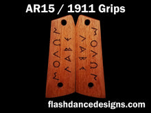 Load image into Gallery viewer, Walnut AR 1911 grips laser engraved with Greek text for Molon Labe