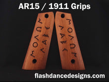 Load image into Gallery viewer, Rosewood AR 1911 grips laser engraved with Greek text for Molon Labe