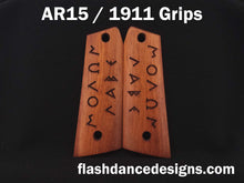 Load image into Gallery viewer, Rosewood AR 1911 grips laser engraved with Greek text for Molon Labe