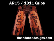 Load image into Gallery viewer, Walnut AR 1911 grips laser engraved with the Join or Die design over a stippled colonial US flag