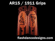 Load image into Gallery viewer, Walnut AR 1911 grips laser engraved with the Join or Die design over a stippled colonial US flag