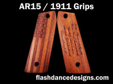 Load image into Gallery viewer, Walnut AR 1911 grips laser engraved with a US Flag and the Pledge of Allegiance