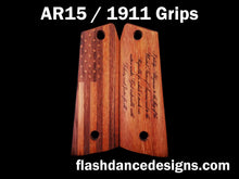 Load image into Gallery viewer, Walnut AR 1911 grips laser engraved with a US Flag and the Pledge of Allegiance