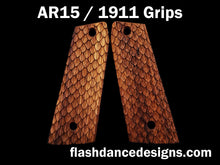 Load image into Gallery viewer, Zebrawood AR 1911 grips laser engraved with three-dimensional snake scales