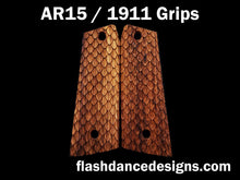 Load image into Gallery viewer, Zebrawood AR 1911 grips laser engraved with three-dimensional snake scales