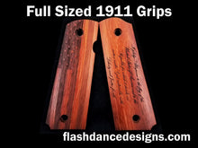 Load image into Gallery viewer, Walnut full sized 1911 grips laser engraved with a US Flag and the Pledge of Allegiance