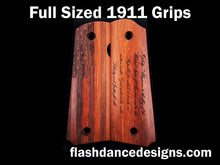 Load image into Gallery viewer, Walnut full sized 1911 grips laser engraved with a US Flag and the Pledge of Allegiance