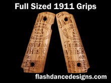 Load image into Gallery viewer, White oak full sized 1911 grips laser engraved with one of our favorite whiskey labels