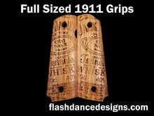 Load image into Gallery viewer, White oak full sized 1911 grips laser engraved with one of our favorite whiskey labels