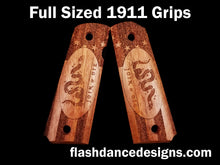 Load image into Gallery viewer, Rosewood full sized 1911 grips laser engraved with a stippled Colonial American flag in the background and Join or Die in the center