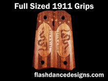 Load image into Gallery viewer, Rosewood full sized 1911 grips laser engraved with a stippled Colonial American flag in the background and Join or Die in the center