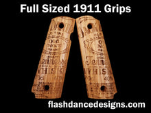 Load image into Gallery viewer, White oak full sized 1911 grips laser engraved with one of our favorite whiskey labels