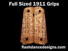 Load image into Gallery viewer, White oak full sized 1911 grips laser engraved with one of our favorite whiskey labels