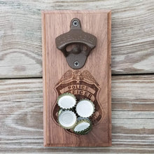 Load image into Gallery viewer, Custom laser engraved hardwood bottle opener measuring 4" x 8". This example shows the Montgomery County MD police officer's badge. The bottle opener includes a rare earth magnet to hold bottle caps.