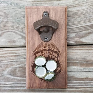 Custom laser engraved hardwood bottle opener measuring 4" x 8". This example shows the Montgomery County MD police officer's badge. The bottle opener includes a rare earth magnet to hold bottle caps.