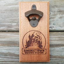Load image into Gallery viewer, Custom laser engraved hardwood bottle opener measuring 4" x 8". This example shows a local brewery's logo. The bottle opener includes a rare earth magnet to hold bottle caps.