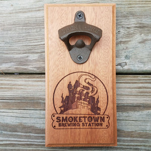 Custom laser engraved hardwood bottle opener measuring 4" x 8". This example shows a local brewery's logo. The bottle opener includes a rare earth magnet to hold bottle caps.