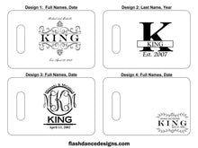 Load image into Gallery viewer, Four design options for the custom laser engraved bamboo bar board