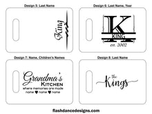 Load image into Gallery viewer, Four design options for the custom laser engraved bamboo bar board