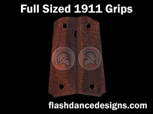 Full sized 1911 grips in cocobolo, stippled background with a spartan helm