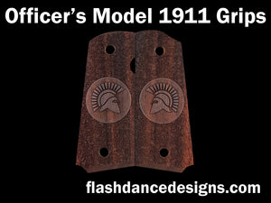 Officer's Model sized 1911 grips in cocobolo, stippled background with a spartan helm