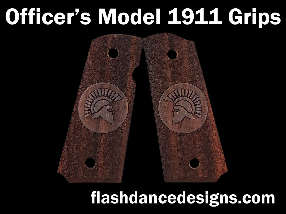 Officer's Model sized 1911 grips in cocobolo, stippled background with a spartan helm