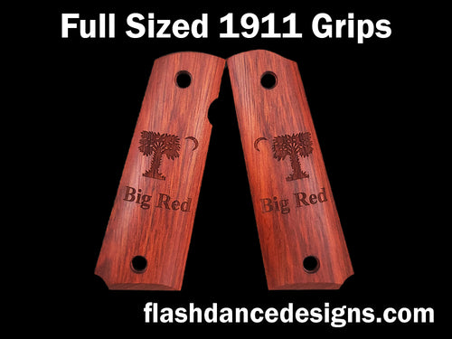 Bloodwood full sized 1911 grips laser engraved with the Big Red Flag of the Citadel