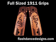 Load image into Gallery viewer, Full sized 1911 grips made from Caribbean walnut and laser engraved with a stippled Colonial Flag and the Join, or Die.
