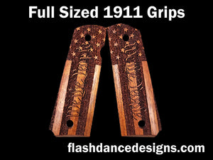Full sized 1911 grips made from Caribbean walnut and laser engraved with a stippled U.S. Flag and We the People