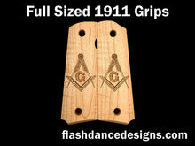 Load image into Gallery viewer, Maple full sized 1911 grips laser engraved with the Masonic Square and Compasses
