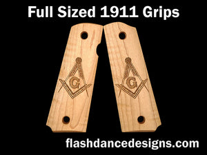 Maple full sized 1911 grips laser engraved with the Masonic Square and Compasses
