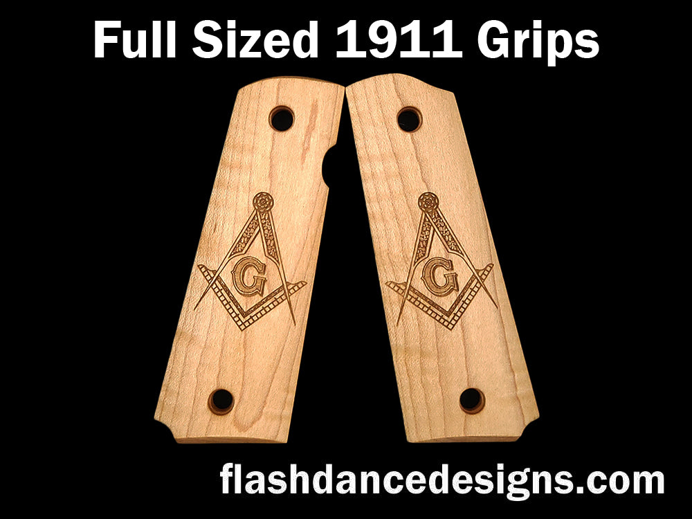 Maple full sized 1911 grips laser engraved with the Masonic Square and Compasses