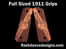 Load image into Gallery viewer, Caribbean walnut full sized 1911 grips engraved with Molon Labe and a Spartan Helm over a stippled background
