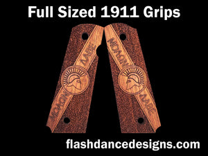 Caribbean walnut full sized 1911 grips engraved with Molon Labe and a Spartan Helm over a stippled background