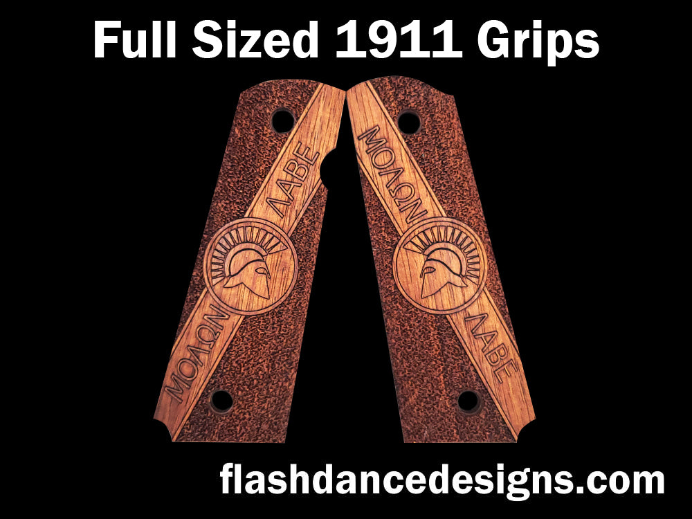 Caribbean walnut full sized 1911 grips engraved with Molon Labe and a Spartan Helm over a stippled background