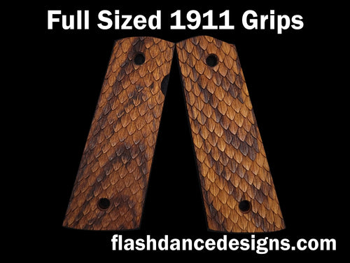 Zebrawood full sized, full coverage 1911 grips laser engraved with three-dimensional snake scales