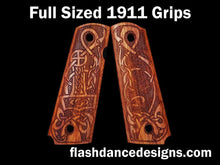 Load image into Gallery viewer, African rosewood full sized 1911 grips laser engraved with a Norse style animal design

