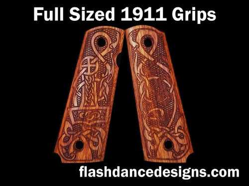 African rosewood full sized 1911 grips laser engraved with a Norse style animal design
