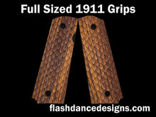 Load image into Gallery viewer, Zebrawood full sized 1911 grips laser engraved with three-dimensional snake scales
