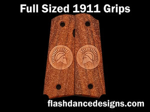 Full sized 1911 grips in cocobolo, stippled background with a spartan helm