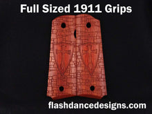 Load image into Gallery viewer, Bloodwood full sized 1911 grips laser engraved with a crusader shield over a castle wall background
