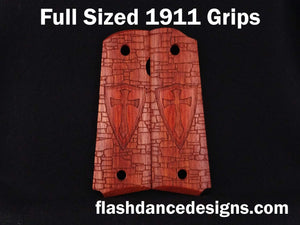 Bloodwood full sized 1911 grips laser engraved with a crusader shield over a castle wall background