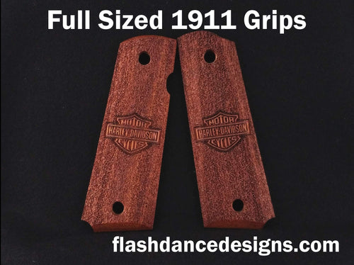 Walnut full sized 1911 grips laser engraved with a motorcycle logo over a stippled background