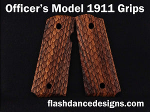 Zebrawood officer's model 1911 grips laser engraved with three-dimensional snake scales