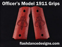 Load image into Gallery viewer, Padauk officer&#39;s model 1911 grips laser engraved with a popular bounty hunter logo
