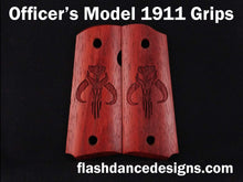 Load image into Gallery viewer, Padauk officer&#39;s model 1911 grips laser engraved with a popular bounty hunter logo
